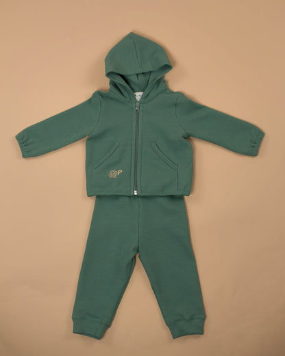 A green baby hoodie and pants set with a hood, displayed against a neutral background.